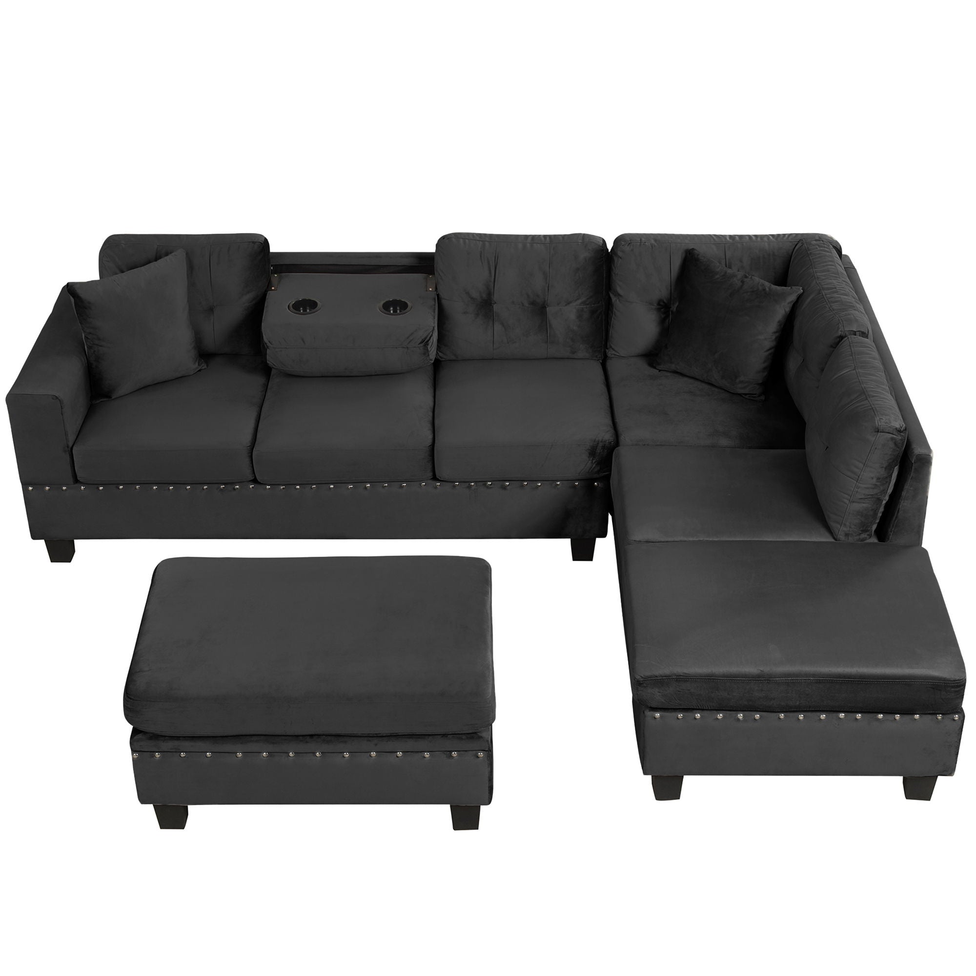 Modern Sectional Sofa With Storage Ottoman, L - Shape Couch With 2 Pillows And Cup Holders by HouseOfZazla