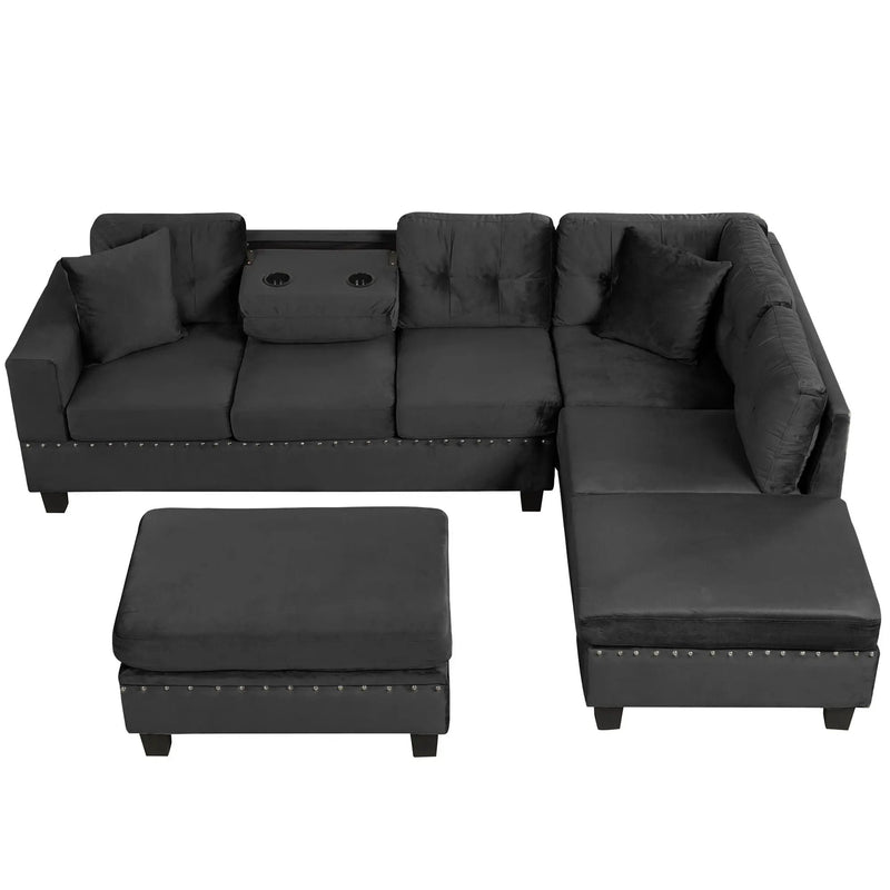 Modern Sectional Sofa With Storage Ottoman, L - Shape Couch With 2 Pillows And Cup Holders by HouseOfZazla