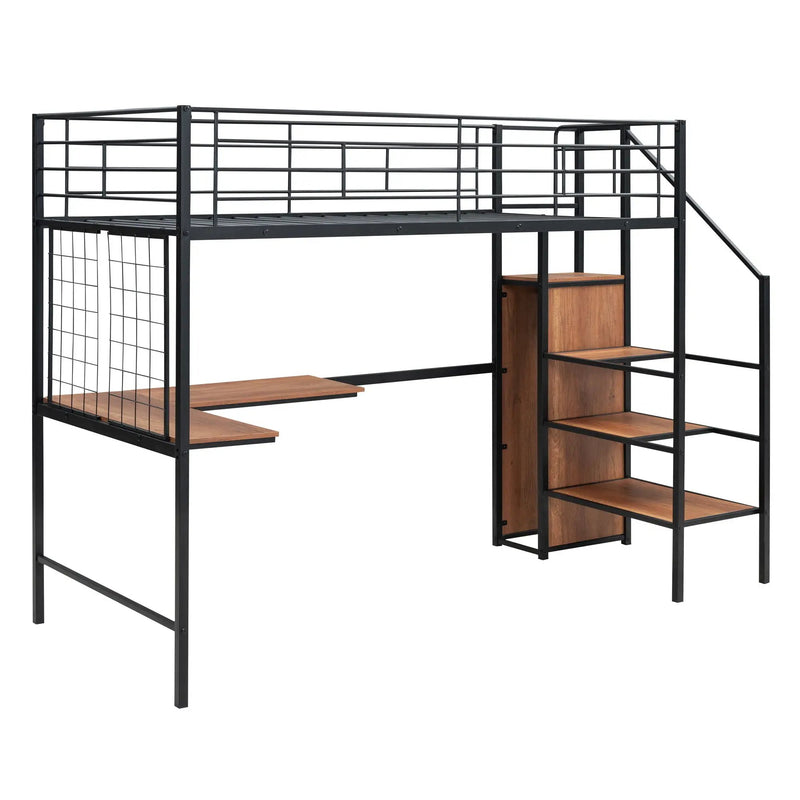 Loft Bed With Desk And Grid, Stylish Frame With Lateral Storage Ladder And Wardrobe by HouseOfZazla