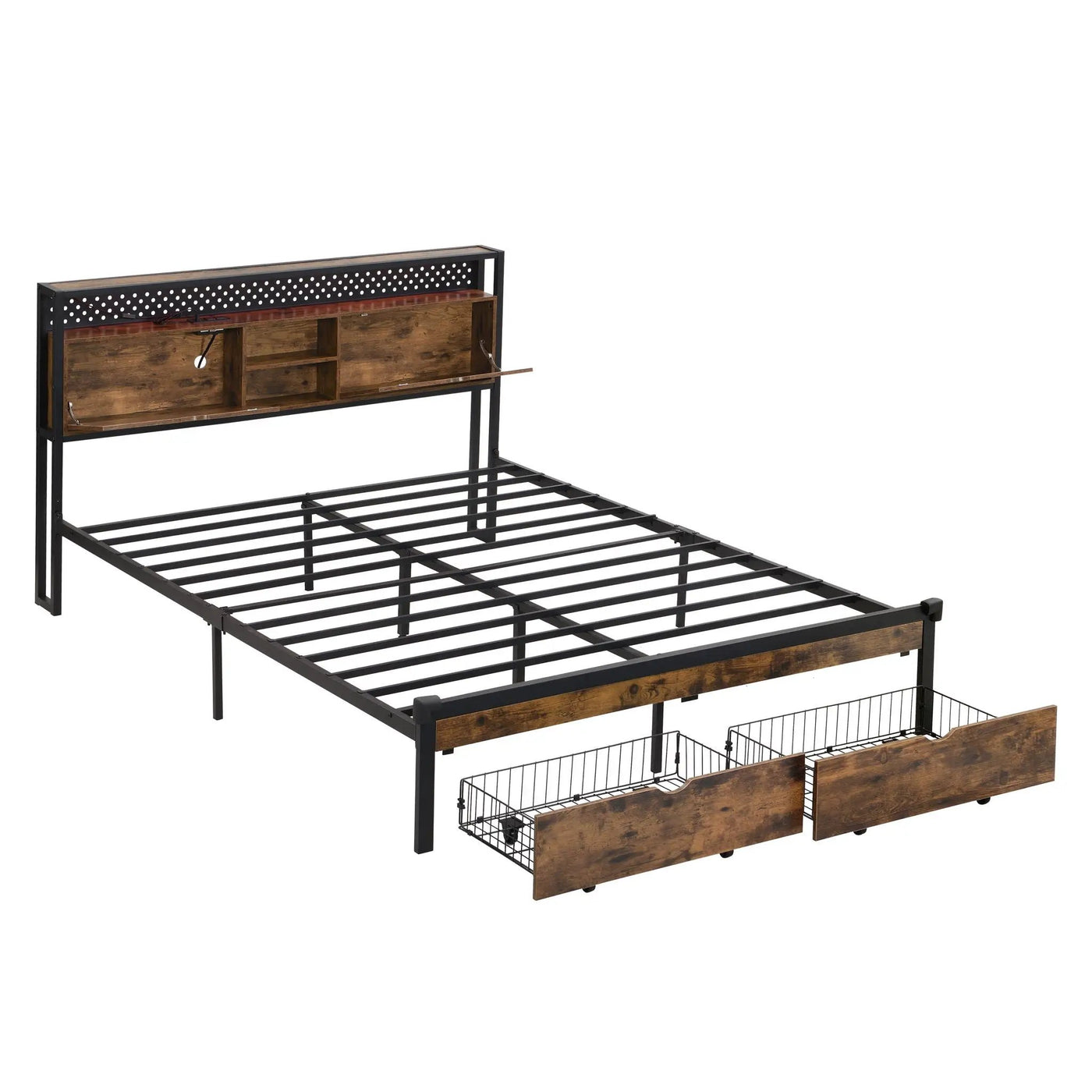Modern Metal Platform Bed Frame with Wooden Headboard and Storage by HouseOfZazla