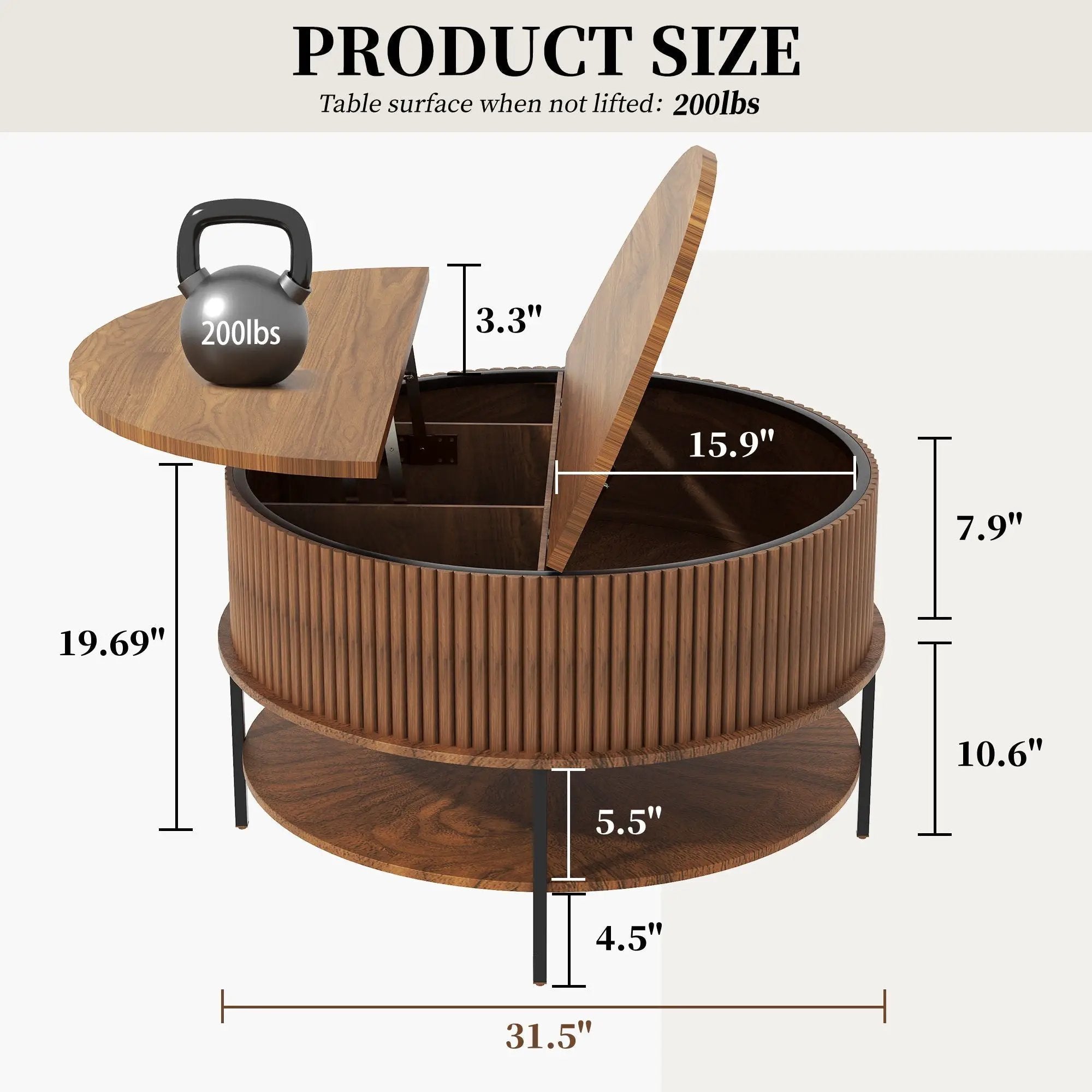 Lift Top Coffee Table with Round Storage and Reinforced Legs - Brown by HouseOfZazla