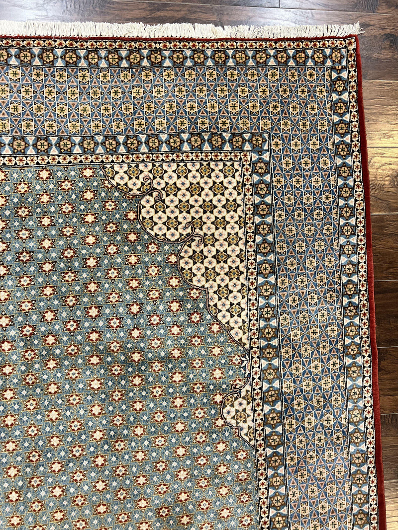 Rare Persian Rug 8x12, Qum Rug, Repeated Star Motifs, Blue and Ivory, Fine 300 KPSI, Hand Knotted Handmade Vintage Wool Rug by Jewel Rugs