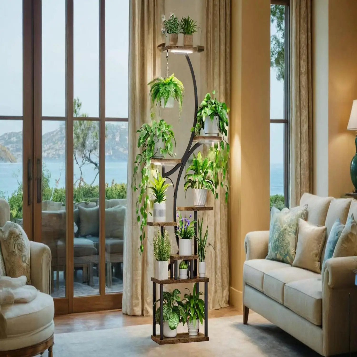 8 Tier Indoor Plant Stand With Grow Lights, S Shaped Metal Shelf For Multiple Plants - Black / Dark Walnut by Unique Piece Furniture