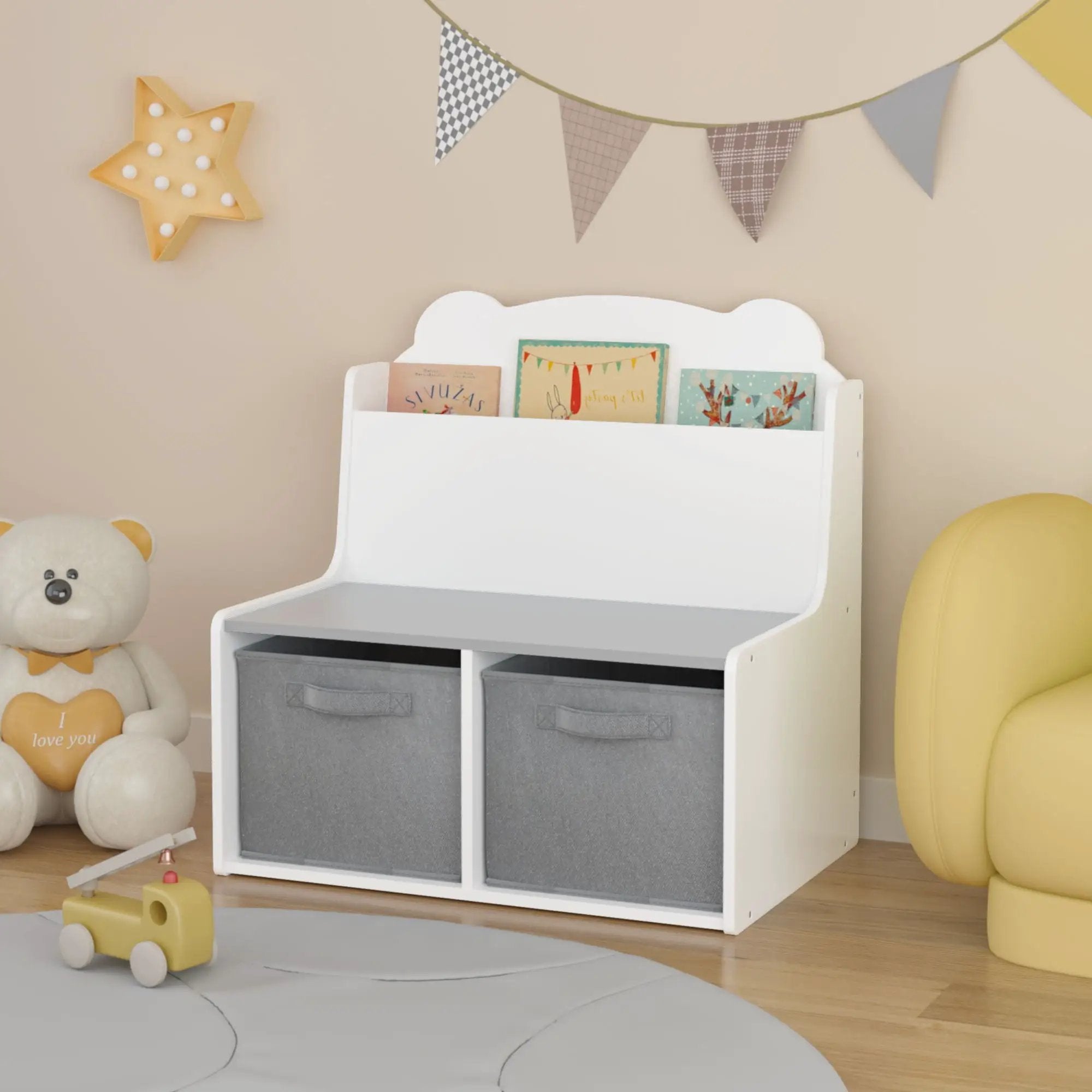 Bookshelf With Storage Bins, Bookcase With Book Display Shelf And 2 Bins, Cute Bear Shaped Backboard, Toy Organizer - White by Unique Piece Furniture