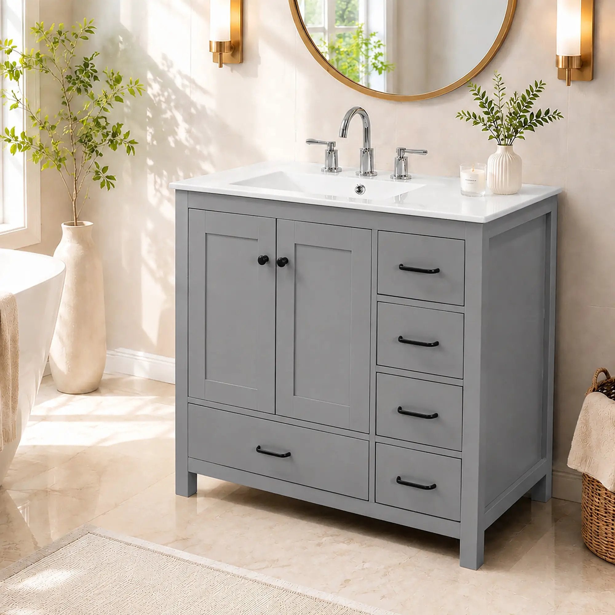 36" Gray Bathroom Vanity with Ceramic Sink Combo by HouseOfZazla