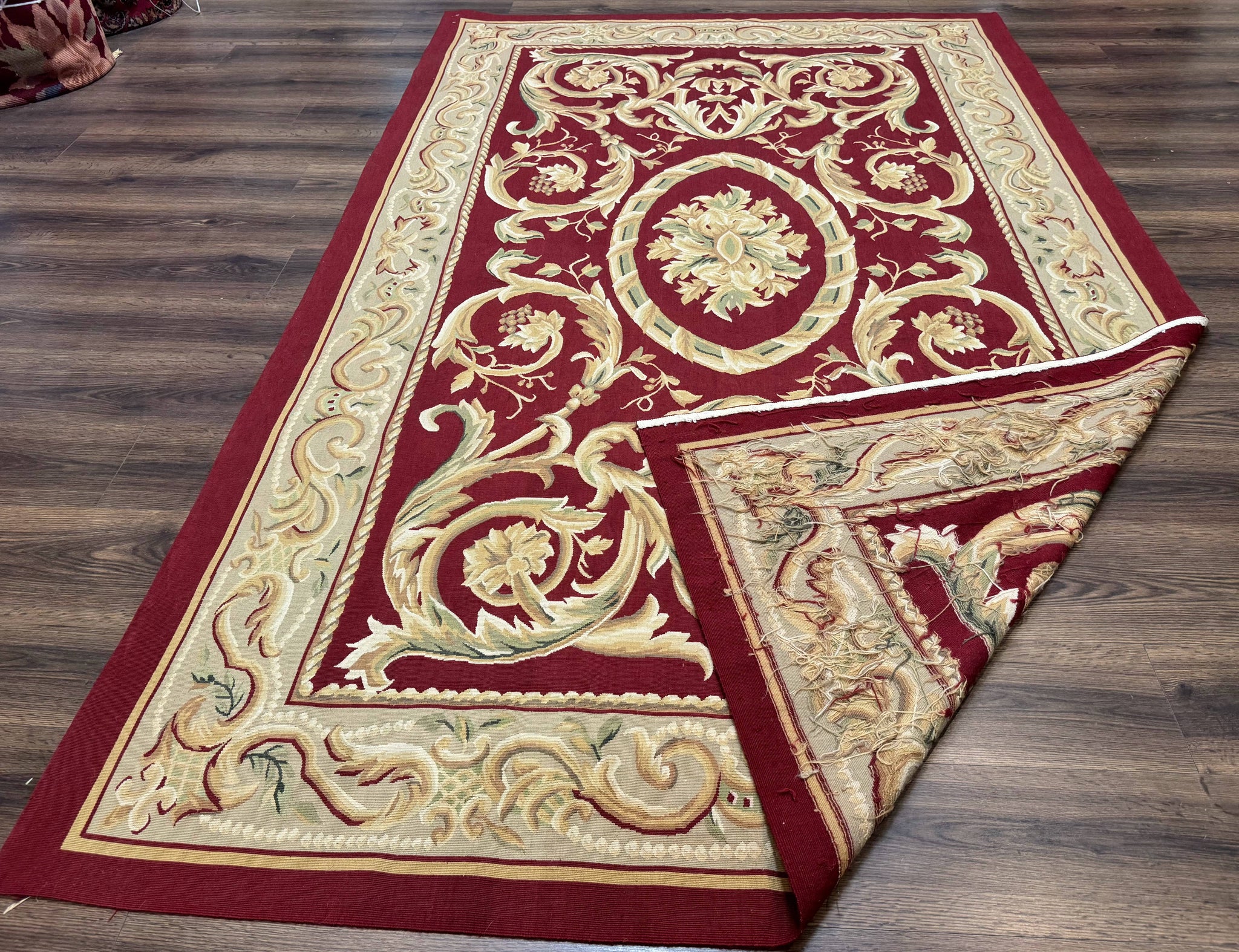 Burgundy Aubusson Rug 6x9, Vintage Wool Carpet by Jewel Rugs