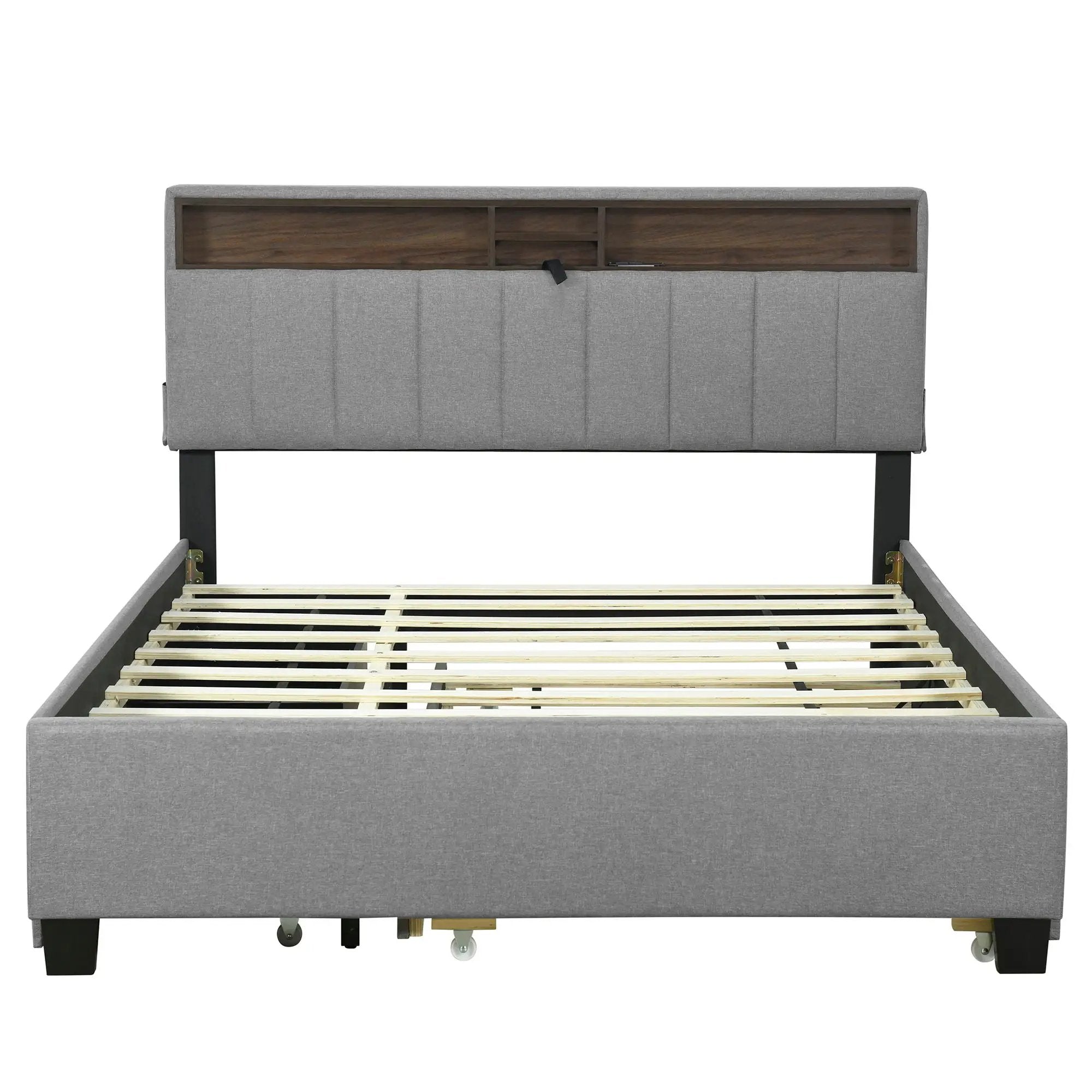 Upholstered Platform Bed With Storage Headboard, Trundle & 2 Drawers And A Set Of Sockets & USB Ports by Unique Piece Furniture