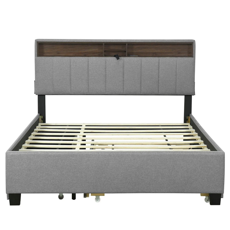 Upholstered Platform Bed With Storage Headboard, Trundle & 2 Drawers And A Set Of Sockets & USB Ports by Unique Piece Furniture
