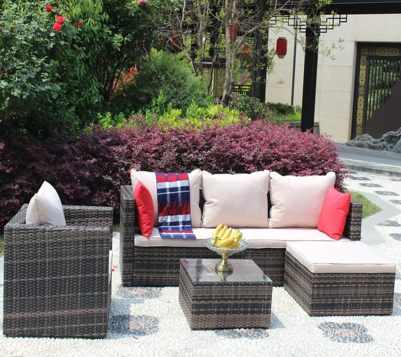 Rattan Patio Furniture Set Wicker Sofa Cushioned Sectional (4 Pieces, Brown) by HouseOfZazla