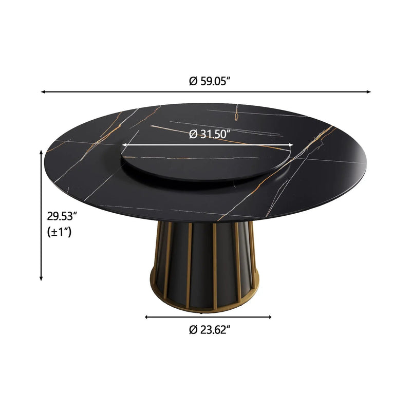 Modern Artificial Stone Round Metal Iron Base Dining Table, Can Accommodate 8 People Artificial Stone Turntable (Not Including Chairs) - Black by HouseOfZazla