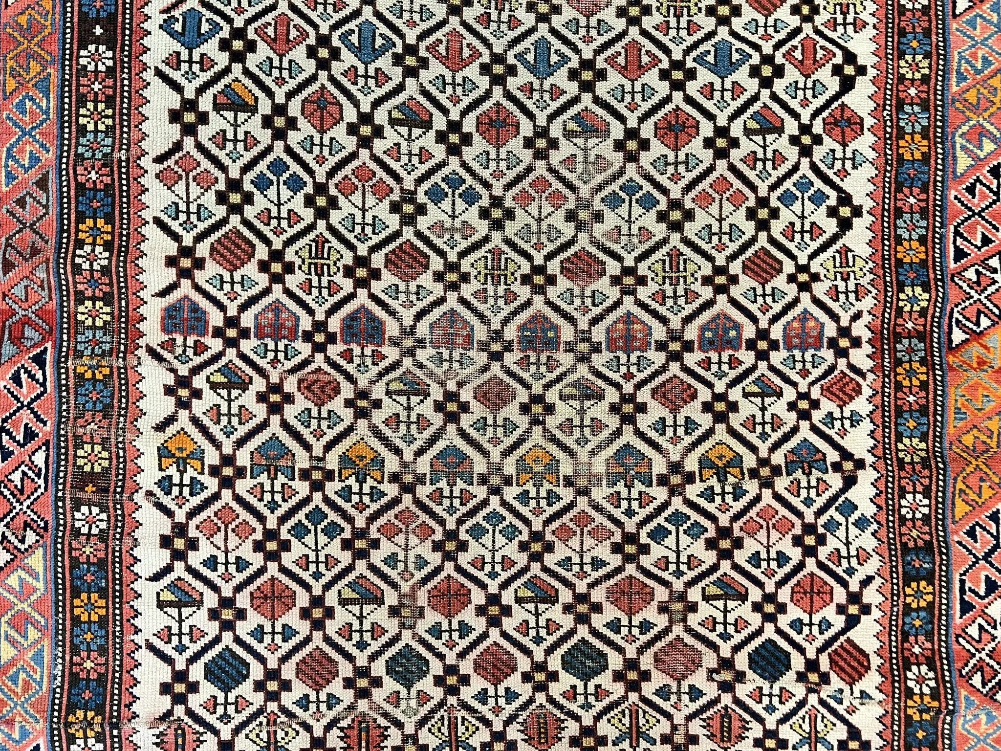 Antique Caucasian Rug 4x5, Hand Knotted Handmade Shirvan Oriental Carpet, Ivory Red Rug Allover Pattern, Rare Wool Rug, Tribal Geometric Rug by Jewel Rugs
