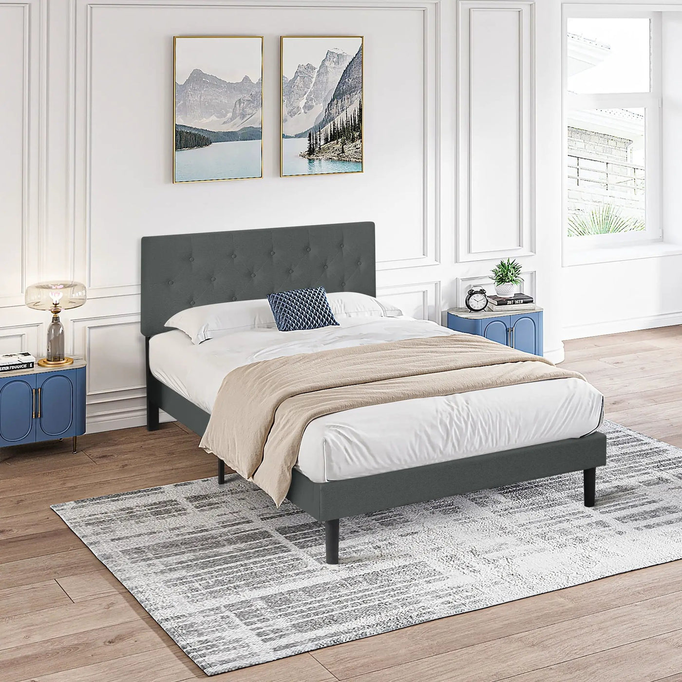 Modern Upholstered Platform Bed Frame With Button Tufted Fabric Headboard by HouseOfZazla