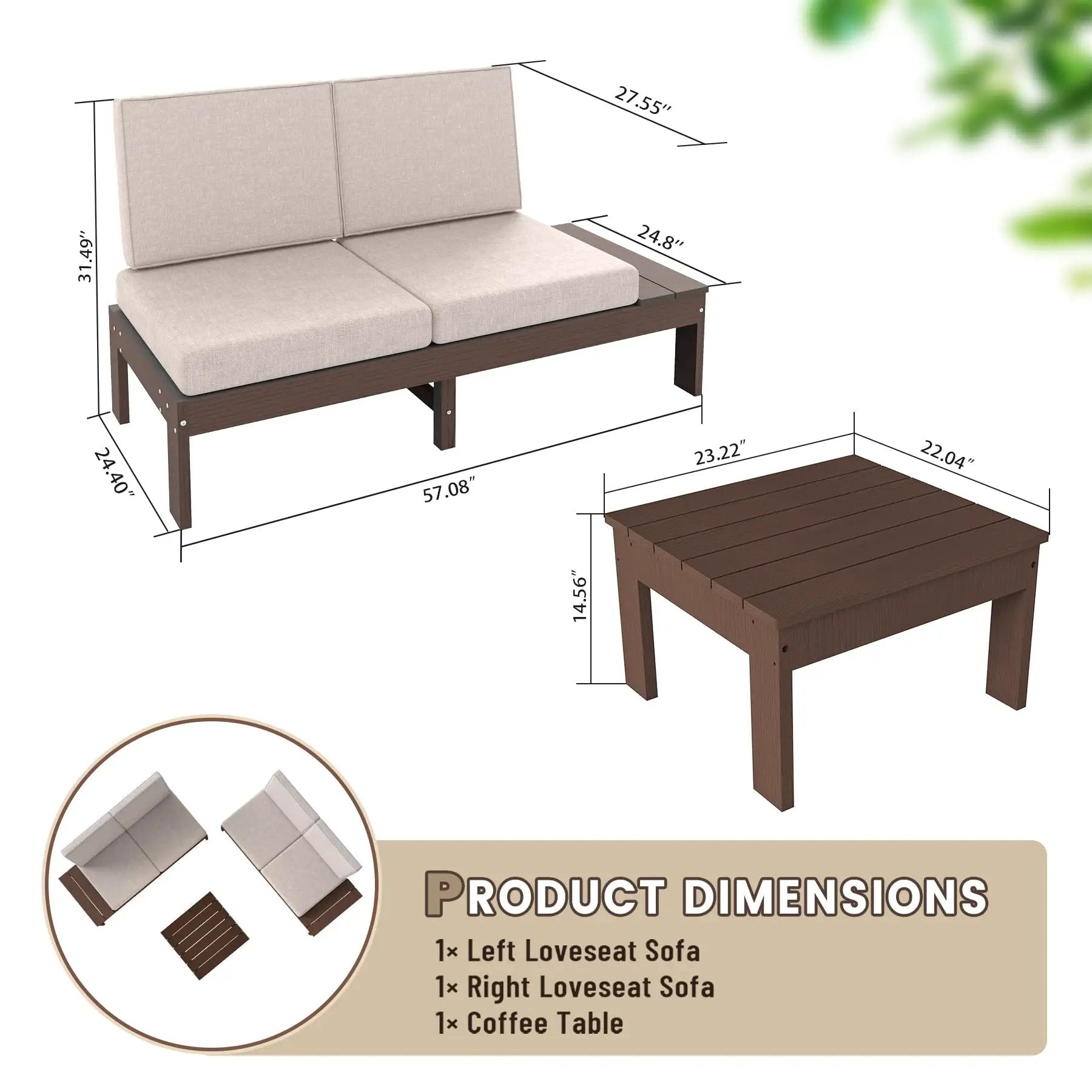 HDPE Outdoor Patio Sofa Set, 3-Piece Modern Conversation Set by HouseOfZazla
