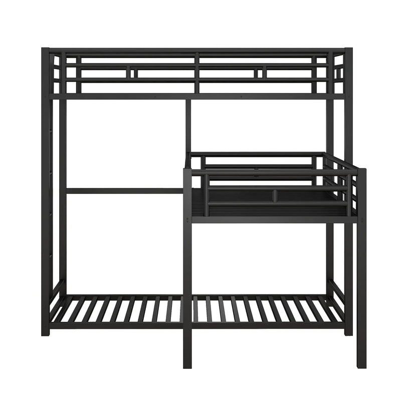 L-Shaped Triple Twin Size Bunk Bed, Industrial Design With Integrated Ladder And Full Length Guardrails - Black by HouseOfZazla