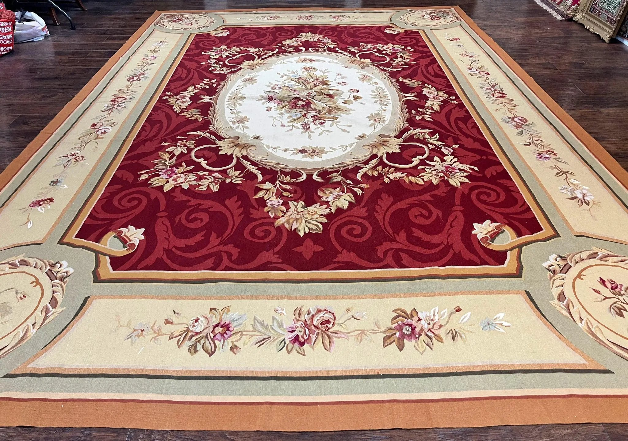 Large Aubusson Rug 10x14, Wool Handmade Vintage Carpet, Dark Red Ivory Tan, French European Elegant Aubusson Weave Rug by Jewel Rugs
