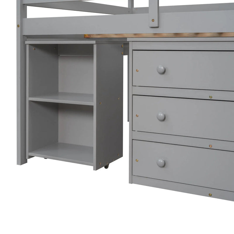 Loft Low Study Bed With Cabinet, Shelves And Rolling Portable Desk, Multiple Functions by HouseOfZazla
