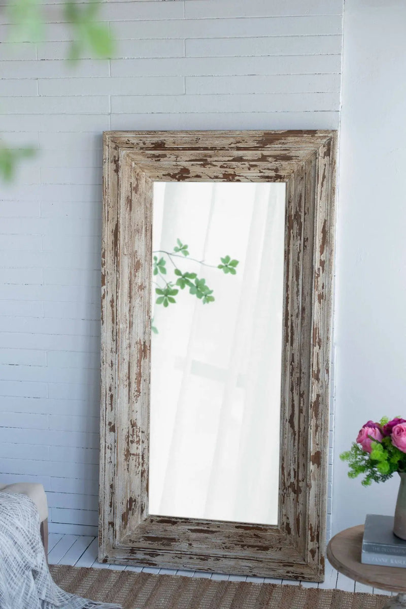 Full Length Rectangle Floor Mirror With Distressed Wood Frame - Brown by HouseOfZazla