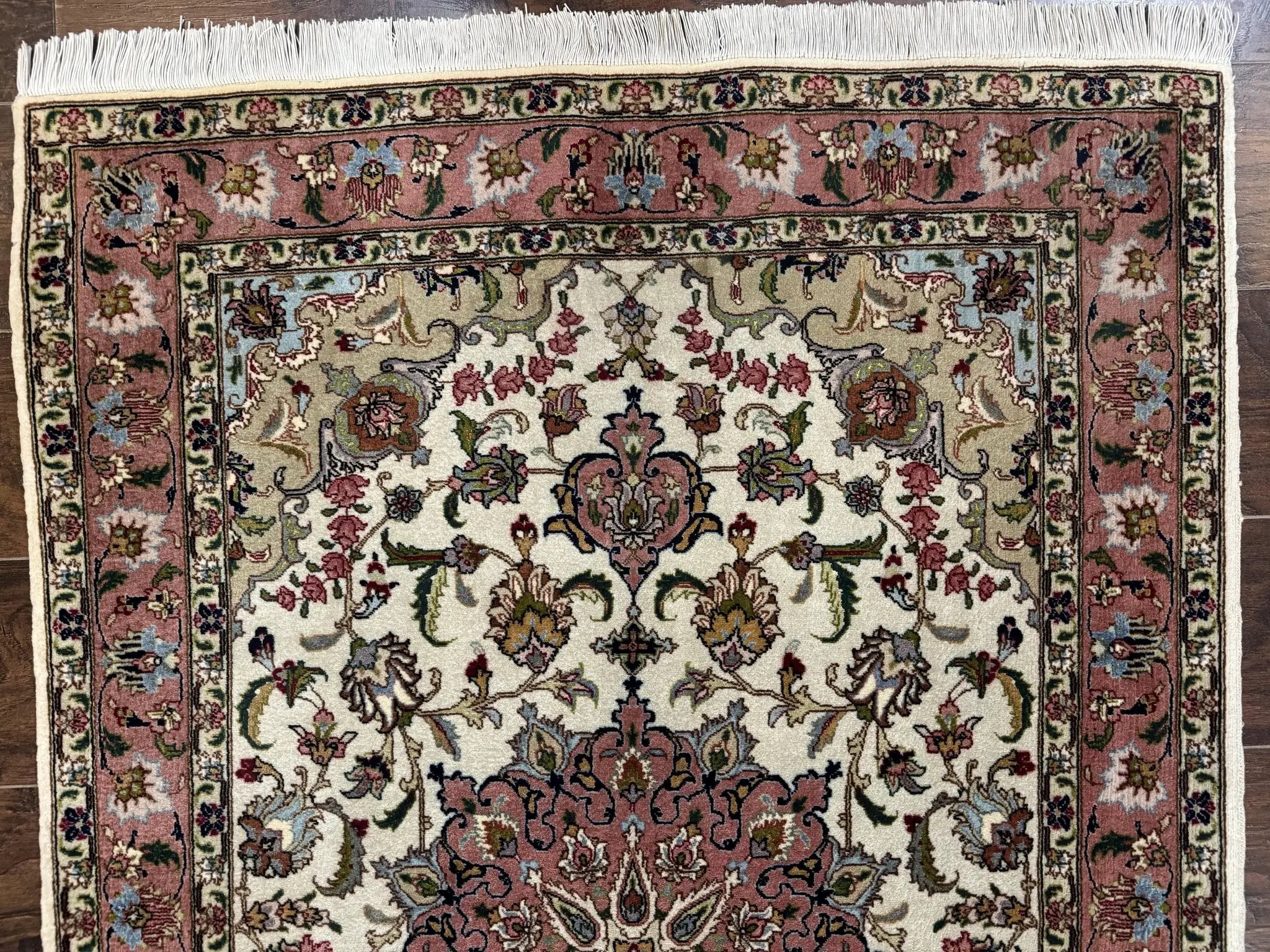 Fine Persian Tabriz Rug 3x5, Floral Medallion, 340 KPSI, Ivory Salmon by Jewel Rugs