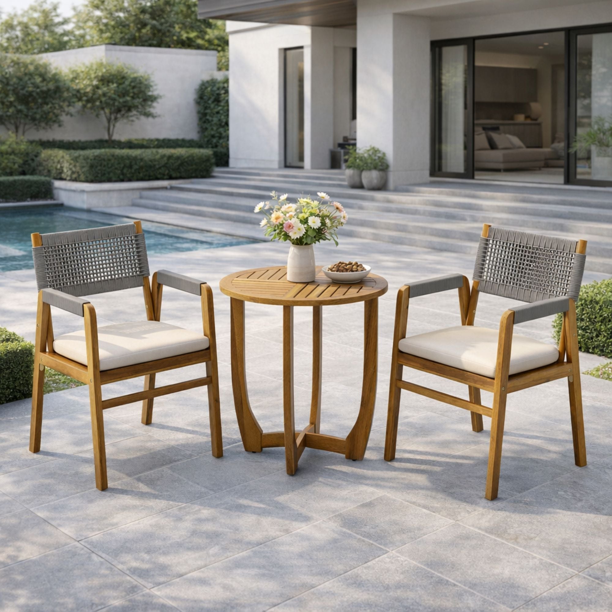Outdoor 3 Piece Dining Set With Cushion - Gray / Teak by HouseOfZazla