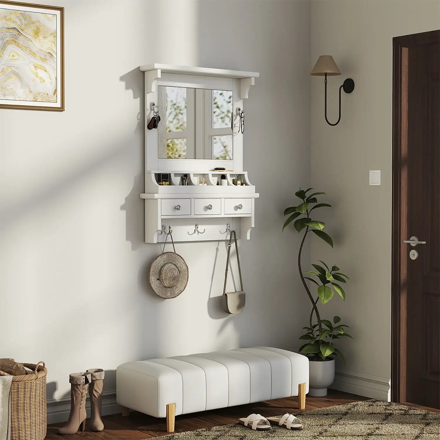 Floating Makeup Vanity With Big Mirror, Wall Mounted Storage Vanity With Drawers, Pockets & Hooks, Space Saving Decorative Home Organizer - White by HouseOfZazla