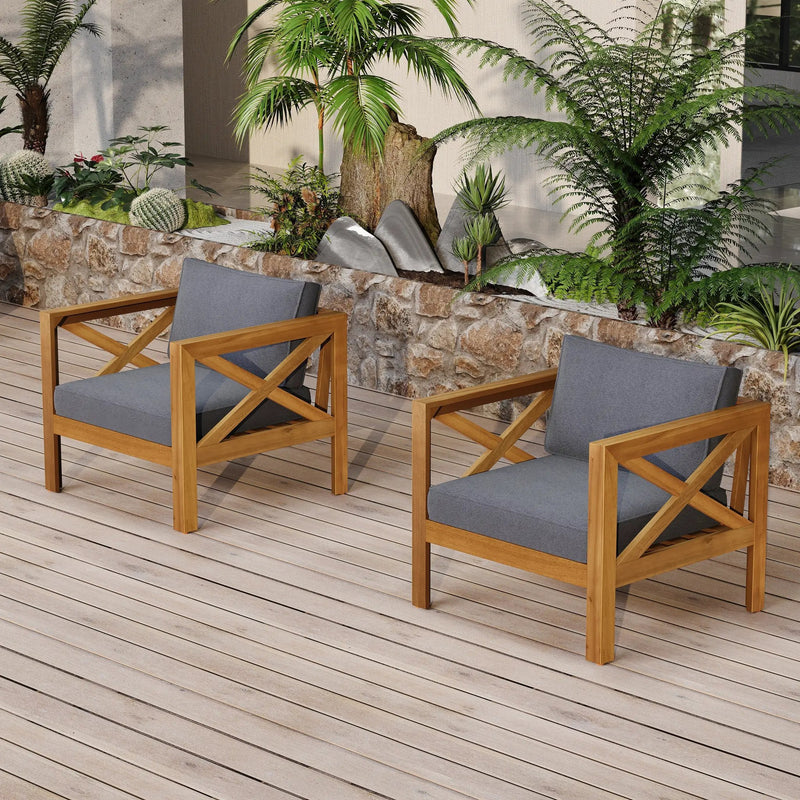 Patio Conversation Set with Foldable Acacia Wood Table and Cushioned Armchairs by HouseOfZazla