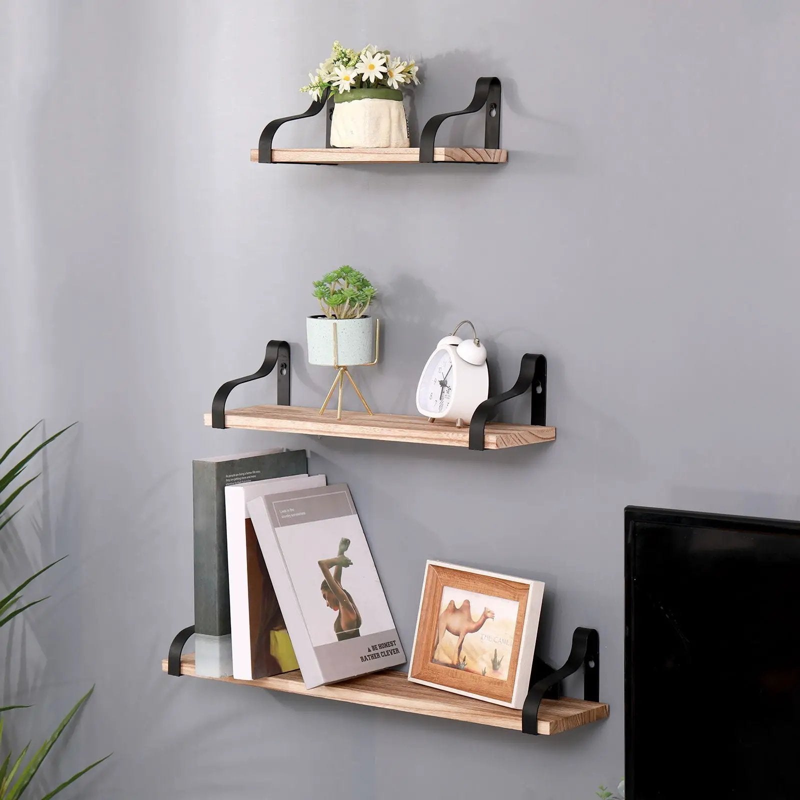 Floating Shelves, Long Wall Shelves (Set of 3), Wall Mounted Shelves & Brackets For Bedroom - Natural Wood by Unique Piece Furniture
