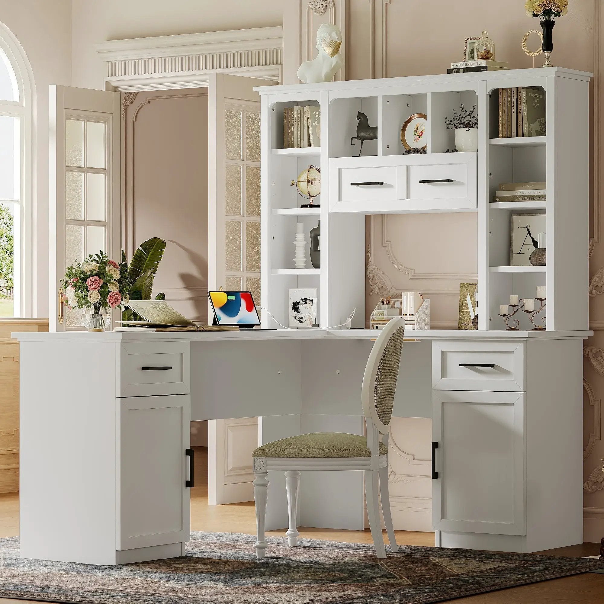 L-Shaped Computer Desk with 2 Cabinets and 2 Drawers by HouseOfZazla