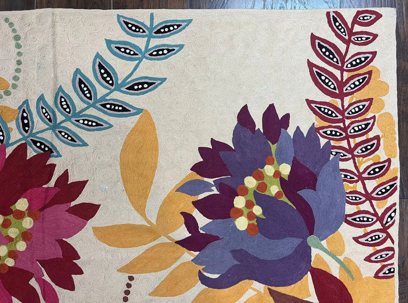 Indian Chain Stitched Rug 4x6, Hand Stitched Indian Embroidery Carpet, Large Floral Design, Contemporary, Cream and Colorful Flowers, Wool by Jewel Rugs