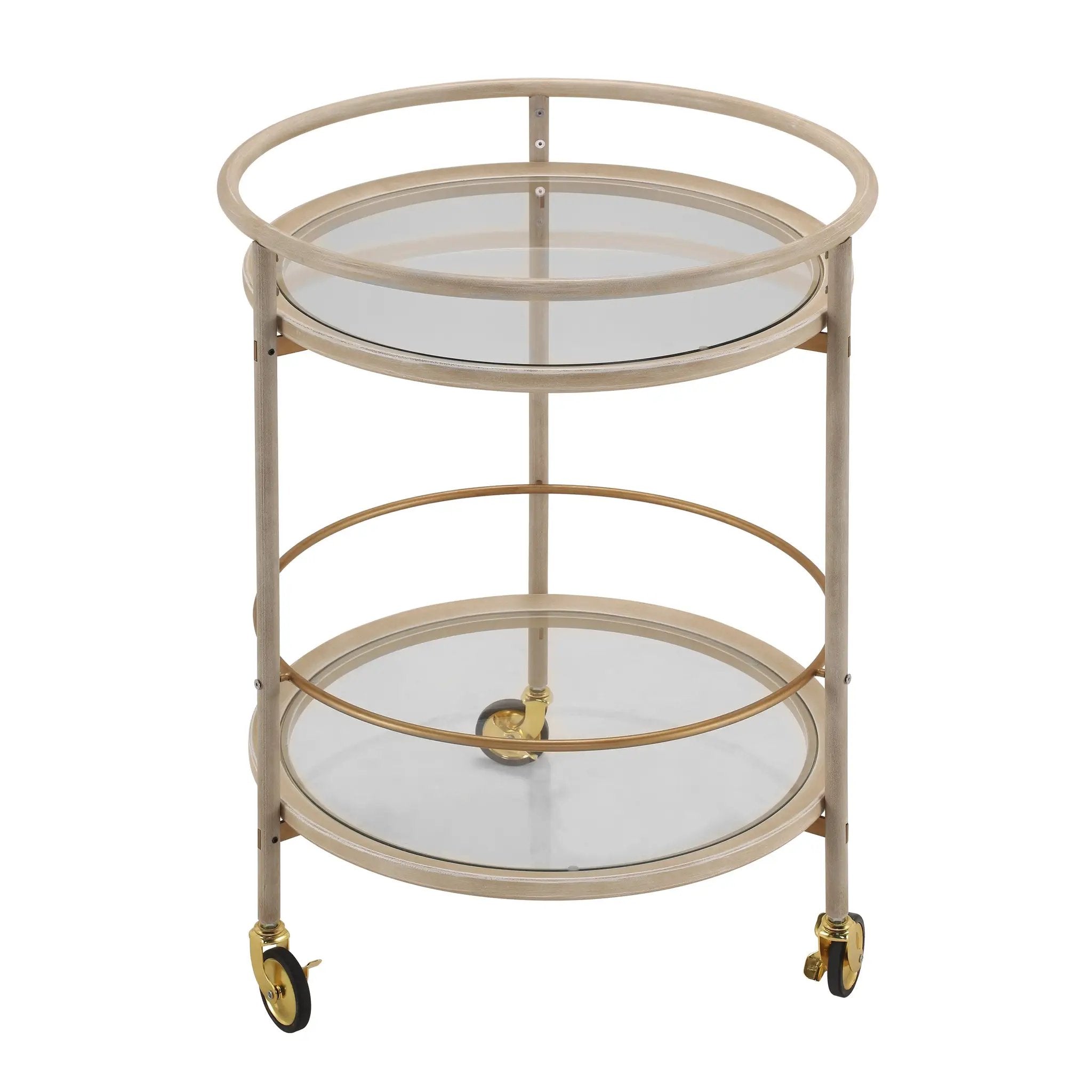 Round Bar Cart with Tempered Glass Shelves and Gold Accents by HouseOfZazla