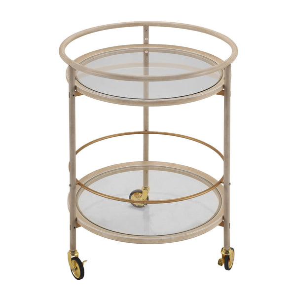 Round Bar Cart with Tempered Glass Shelves and Gold Accents