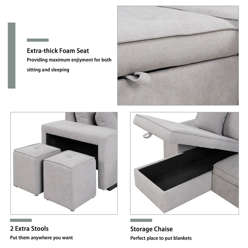 Modern L-Shape 3 Seat Reversible Sectional Couch, Pull Out Sleeper Sofa With Storage Chaise And 2 Stools For Living Room Furniture Set by Unique Piece Furniture