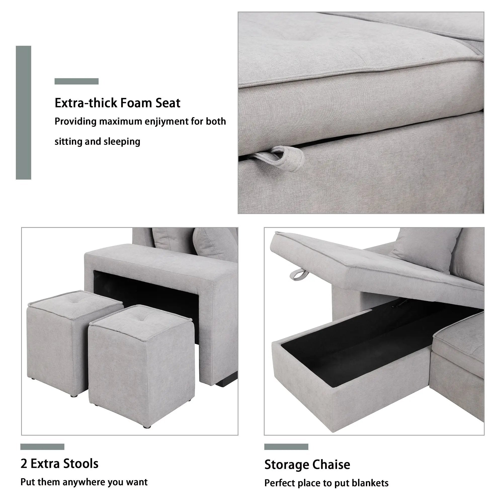 Modern L-Shape 3 Seat Reversible Sectional Couch, Pull Out Sleeper Sofa With Storage Chaise And 2 Stools For Living Room Furniture Set by HouseOfZazla