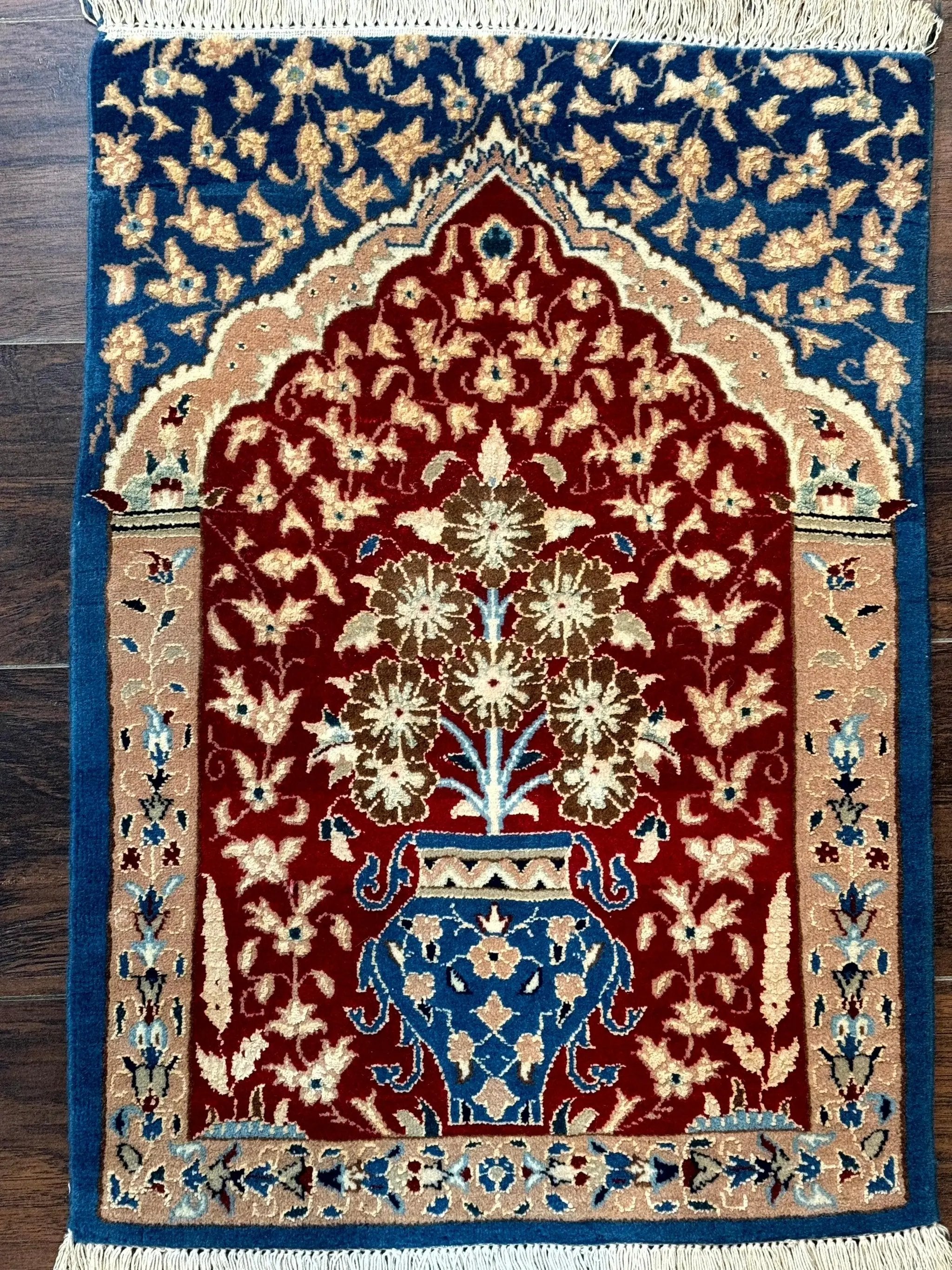 Small Persian Nain Rug, Persian Vase Tree of Life Design, Red and Blue, Very Fine 260 KPSI, Wool and Silk Highlights by Jewel Rugs