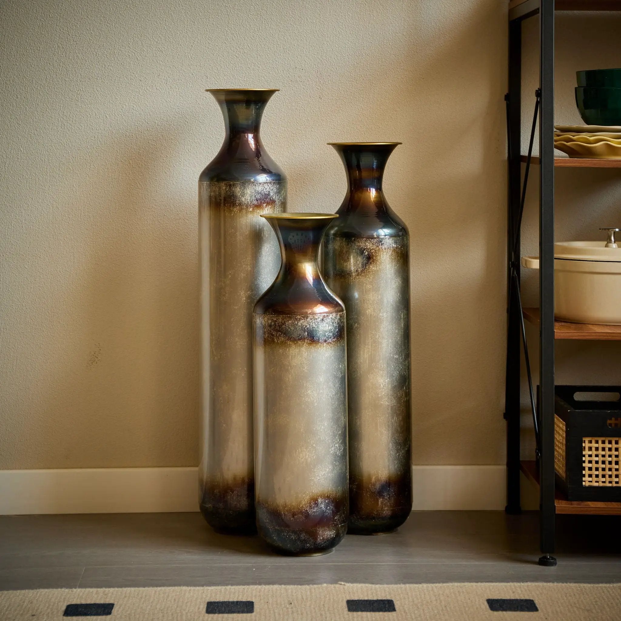 Modern Droplet Shaped Floor Vase Set, Glazed Metal Decorative Vases 3 Piece Home Accent For Living Room - Gold / White by Unique Piece Furniture