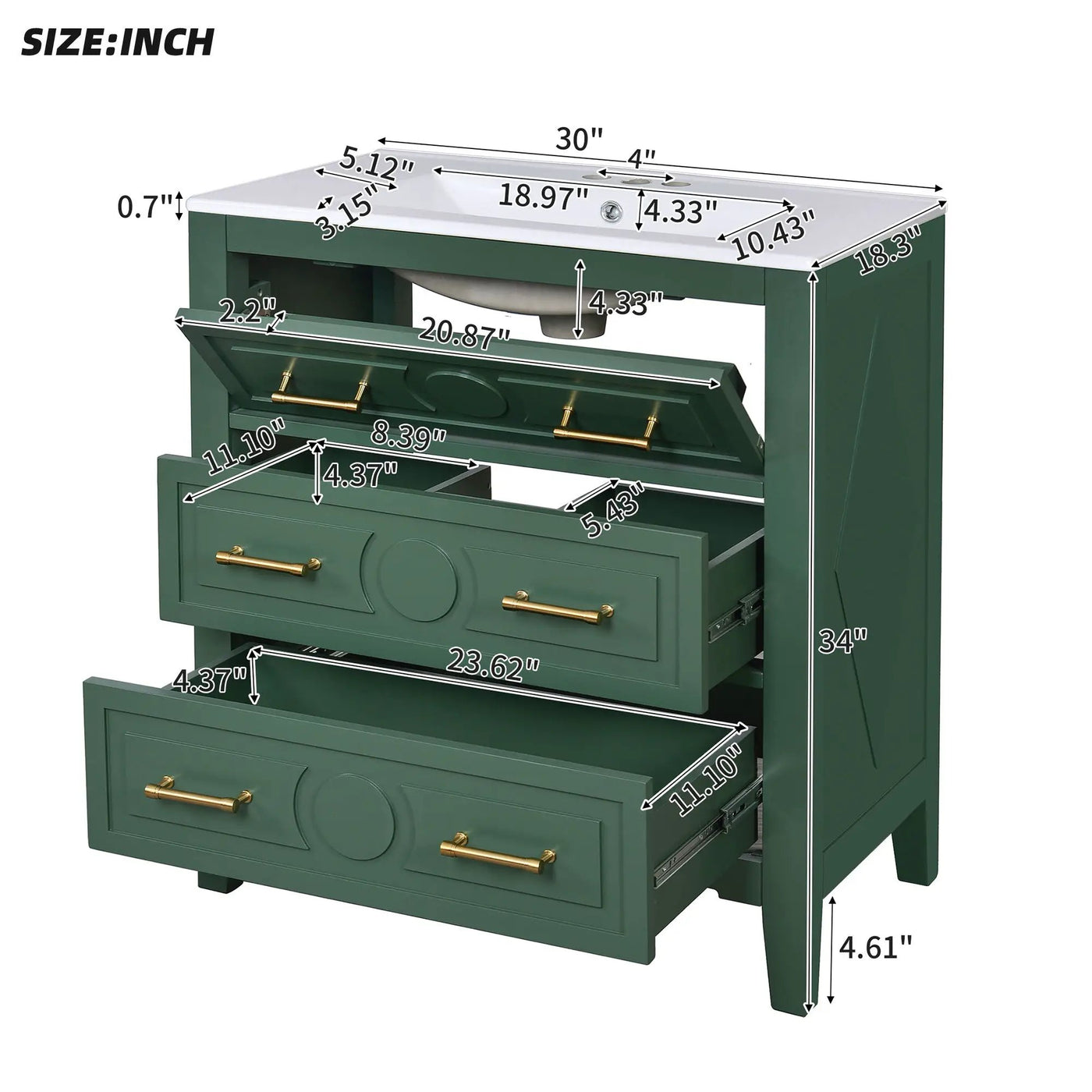 Retro Bathroom Vanity With Sink Combo, Free Standing Single Set With 3 Drawers by Unique Piece Furniture