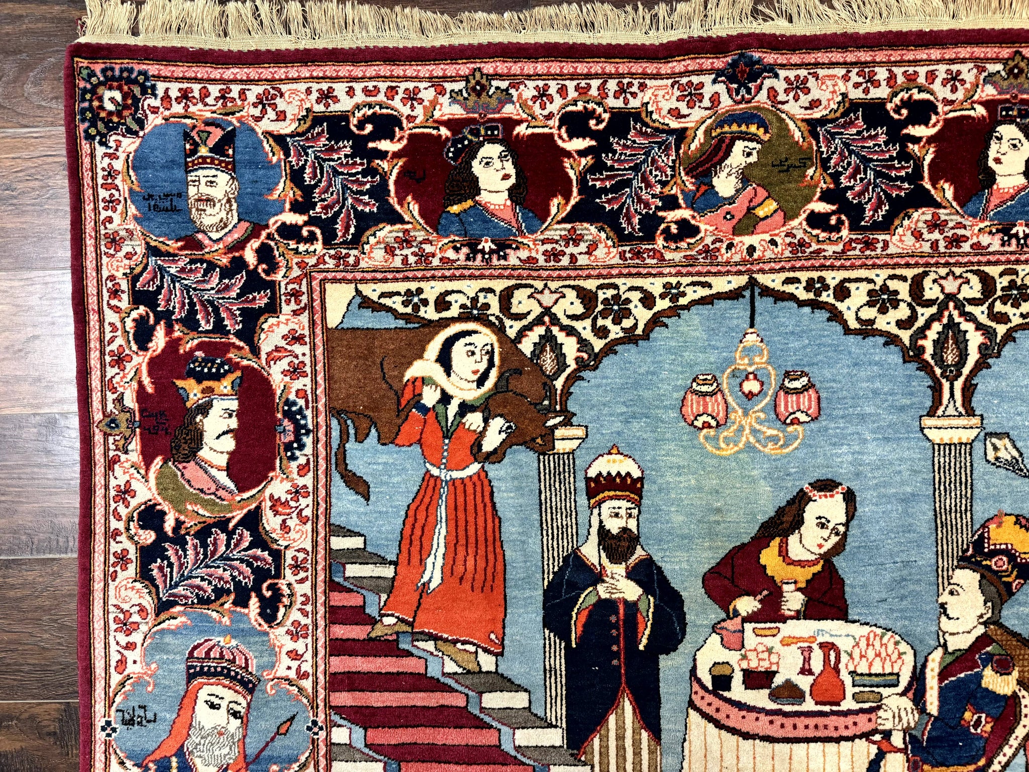 Rare Persian Kashan Pictorial Rug 6x9, King Bahram Hunting Scene, Persian Kings, Hand Knotted Persian Rug for Wall Hanging, Antique, Wool by Jewel Rugs