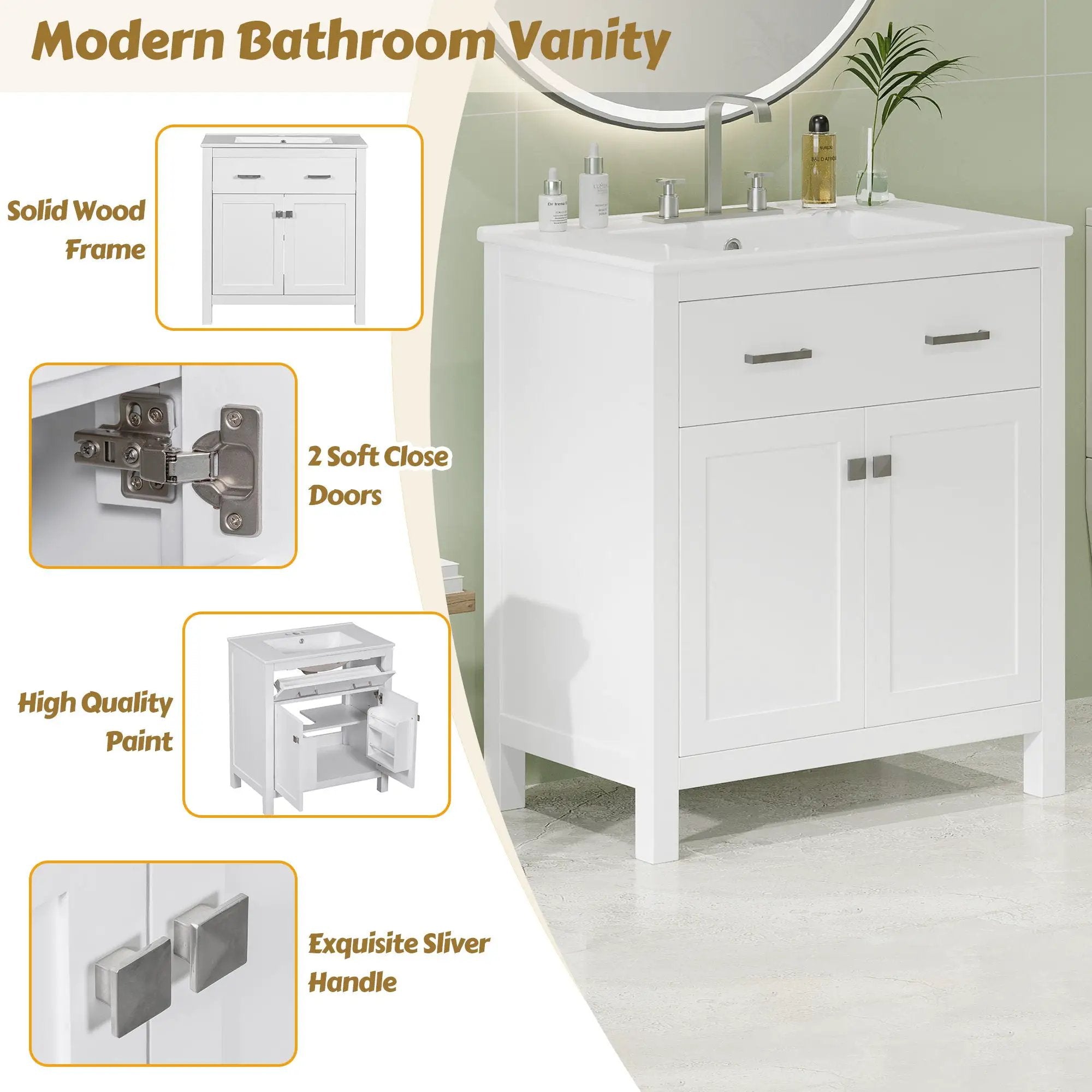 Bathroom Vanity With Ceramic Sink, Modern Single Bathroom Cabinet With 2 Doors And A Shelf, Soft Close Doors by HouseOfZazla