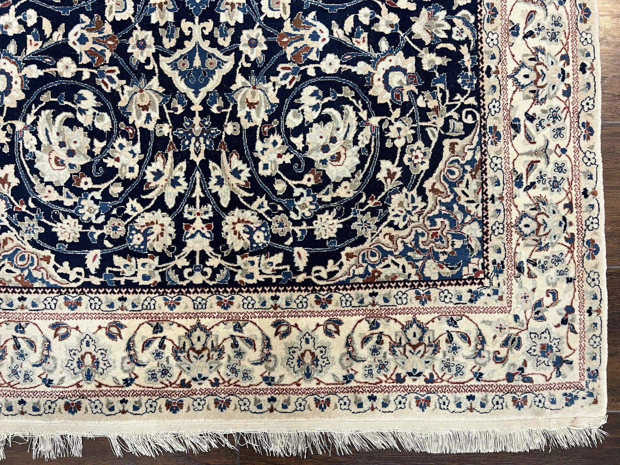 Very Fine Persian Nain Rug 3.7 x 6, Floral Medallion, Wool and Silk Accents, Highly Detailed, Hand Knotted Oriental Carpet, Navy Blue Ivory/Cream by Jewel Rugs