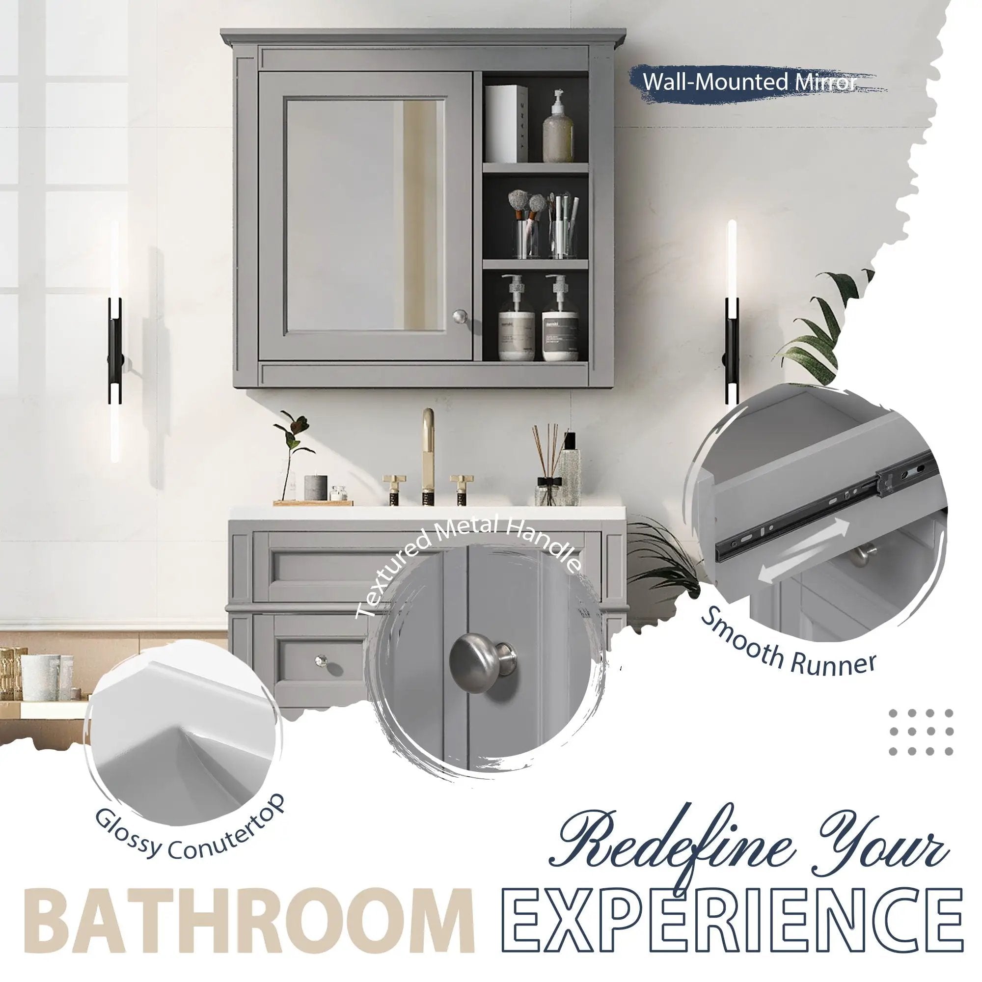 Bathroom Vanity With Medicine Cabinet, Royal Mirror Cabinet, Modern Bathroom Storage Cabinet With 2 Soft Closing Doors And 4 Drawers by HouseOfZazla