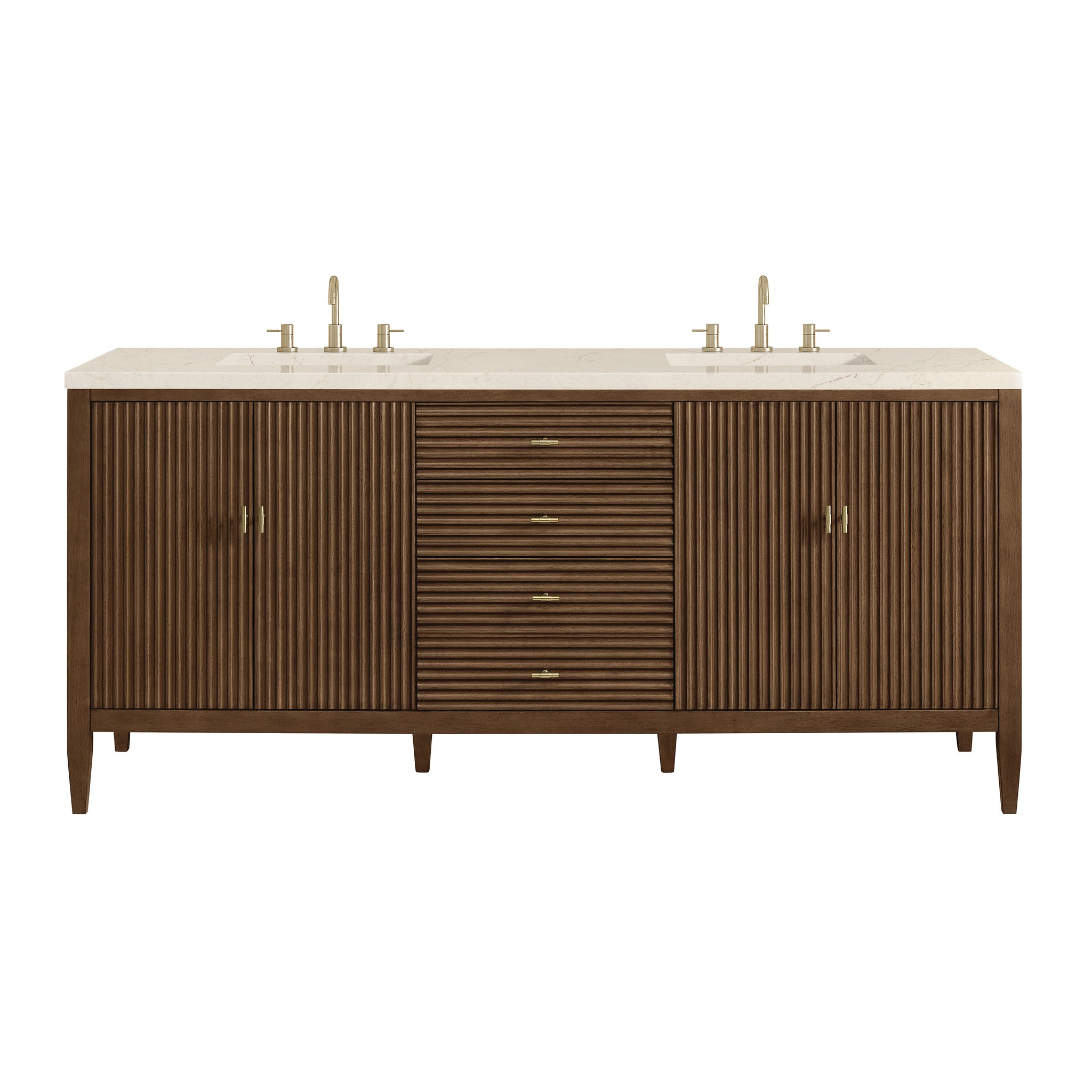 James Martin Myrrin 72" Double Bathroom Vanity, Mid-Century Walnut with Eternal Marfil countertop