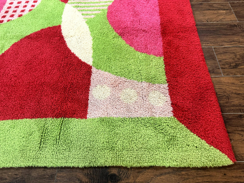 European Shag Rug 4.8 x 4.8, Modern Abstract Design, Green Pink Red, Square Shag Rug, Unique by Jewel Rugs