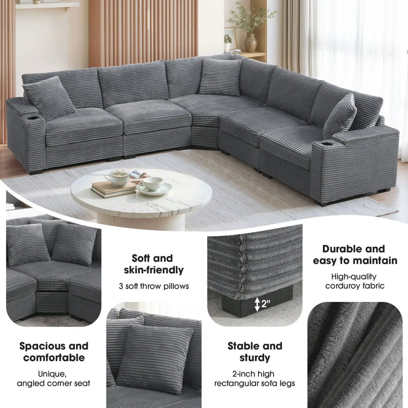 Convertible L Shaped Sectional Corner Couch With Armrest Storage Cup Holders USB Charger, Irregular Corner Oversized Comfy Modular Sofa by HouseOfZazla