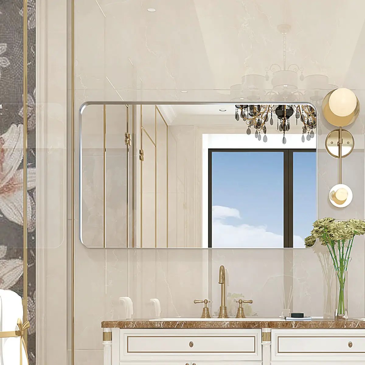 Rounded Corner Rectangle Bathroom Mirror For Wall Metal Frame Wall Mounted Bathroom Mirror Vanity Bathroom Mirror (Horizontal & Vertical) by Unique Piece Furniture