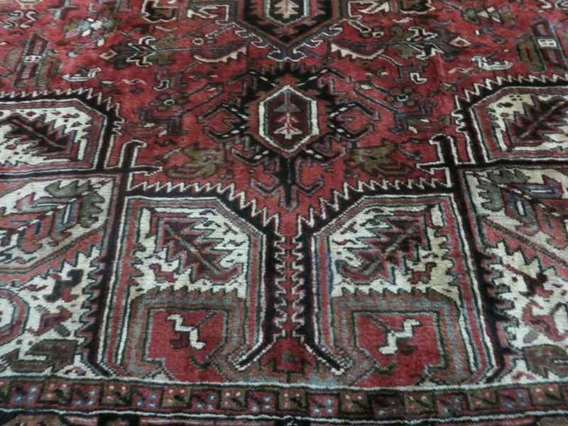 Persian Heriz Rug 8x12 Semi Antique Heriz Carpet, Room Sized Persian Carpet, Geometric Medallion, Wool, Hand Knotted, Red Ivory Dark Blue by Jewel Rugs