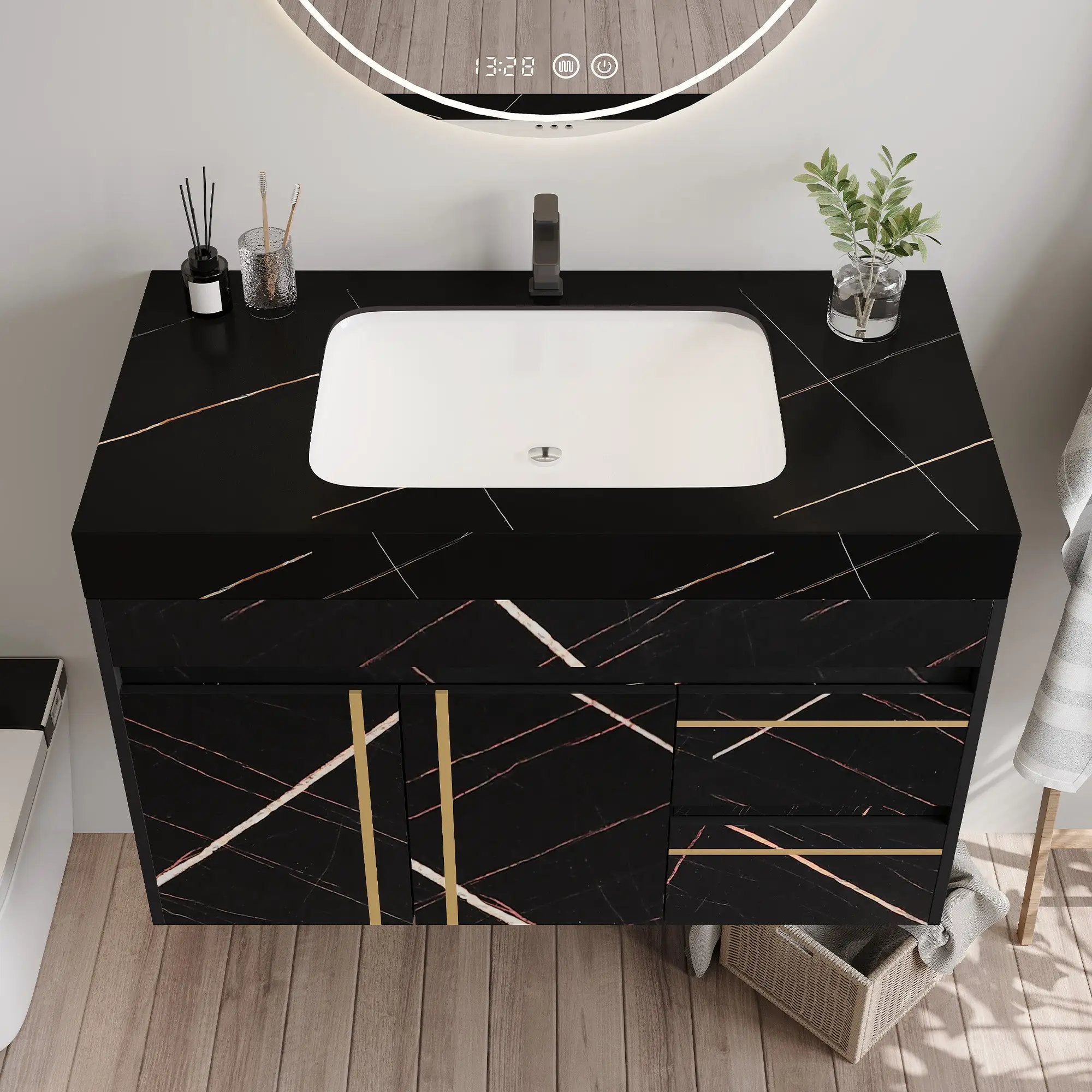 35.2 in Floating Bathroom Vanity with Sink and Faux Marble Top by HouseOfZazla