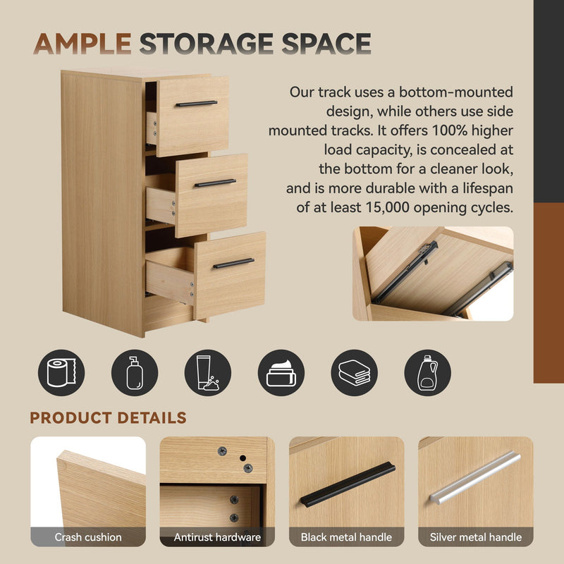 Slim Freestanding Bathroom Storage Cabinet, 3 Drawers - Light Oak by HouseOfZazla