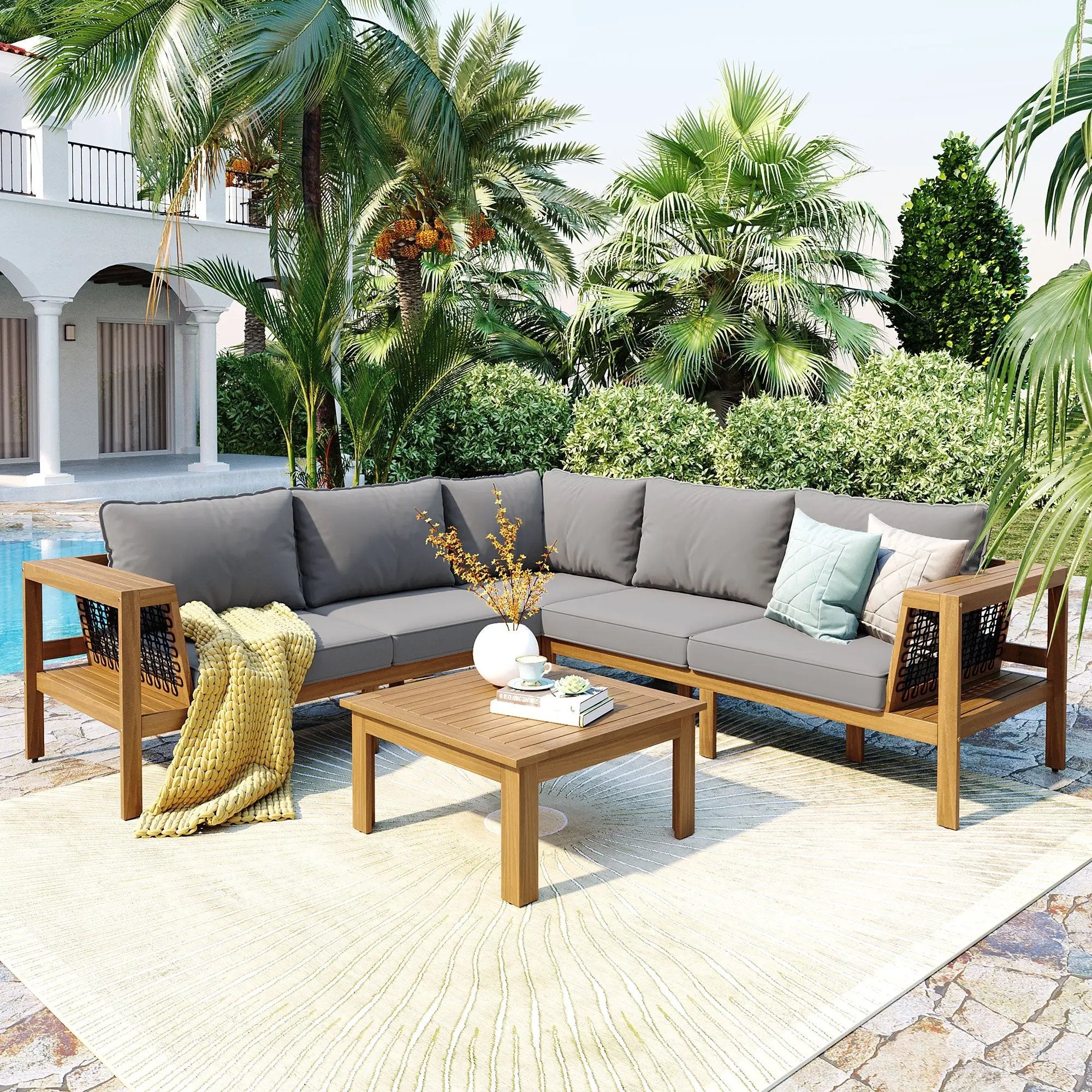 4 Pieces Outdoor Acacia Wood Sofa Set with Coffee Table by HouseOfZazla