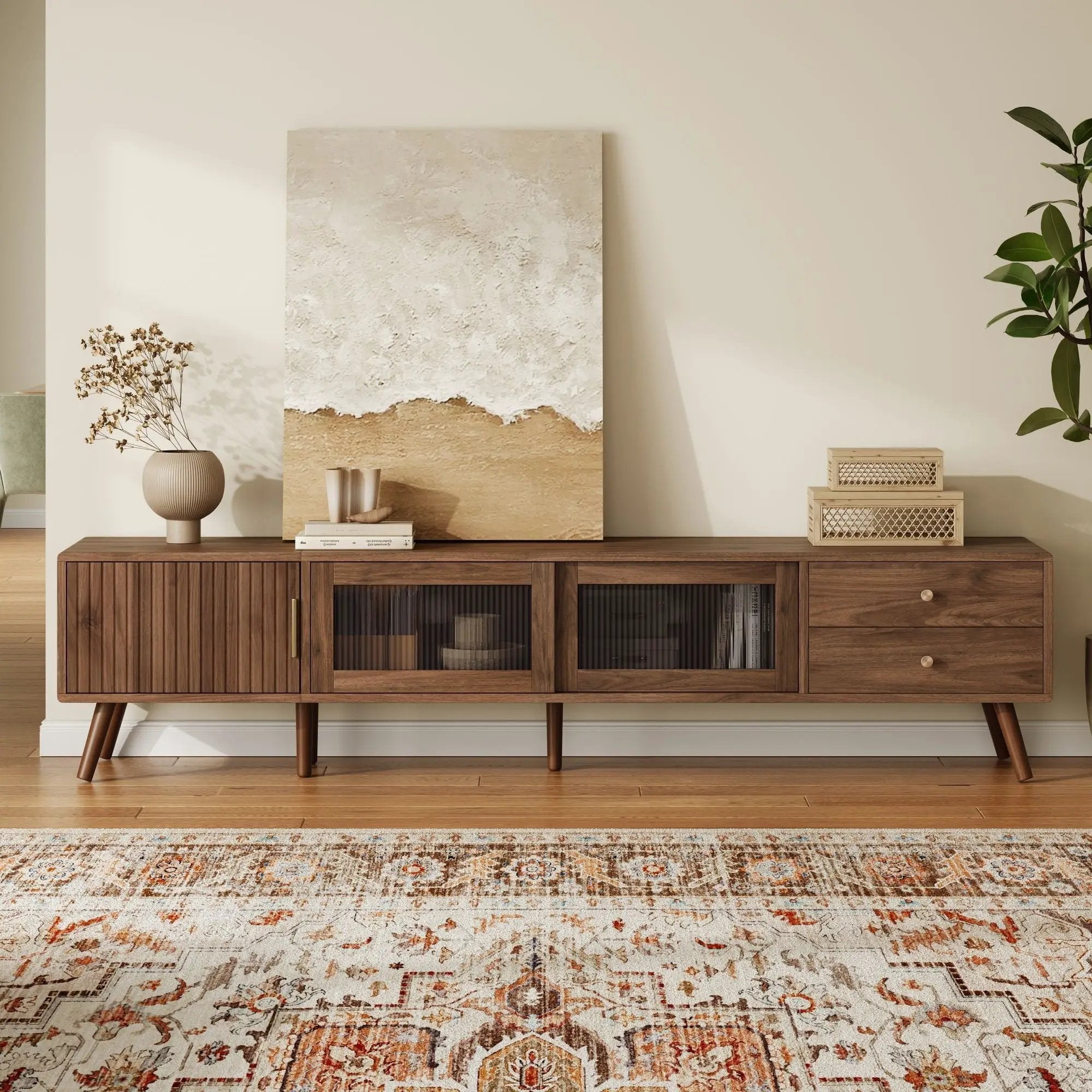 Doors TV Stand For TVs Up To 85", Entertainment Center With Storage Cabinets, TV Media Console Table For Living Room - Natural by Unique Piece Furniture