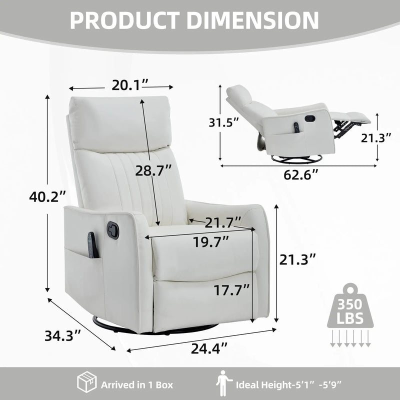 White Heat Massage Manual Recliner Chair with Rocker and Swivel in Faux Leather by HouseOfZazla