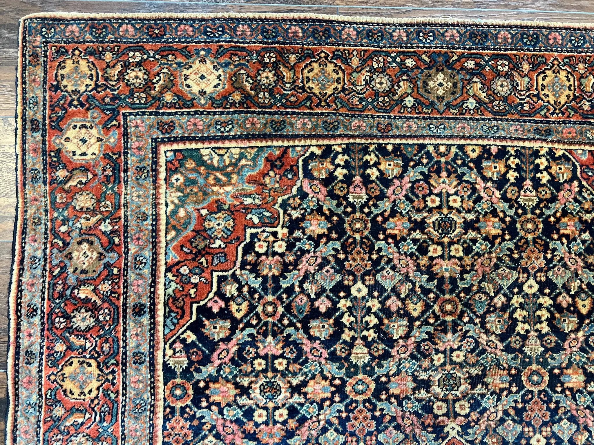 Persian Rug 4x7 Antique Sarouk Farahan Carpet, Navy Blue and Red Wool Rug by Jewel Rugs
